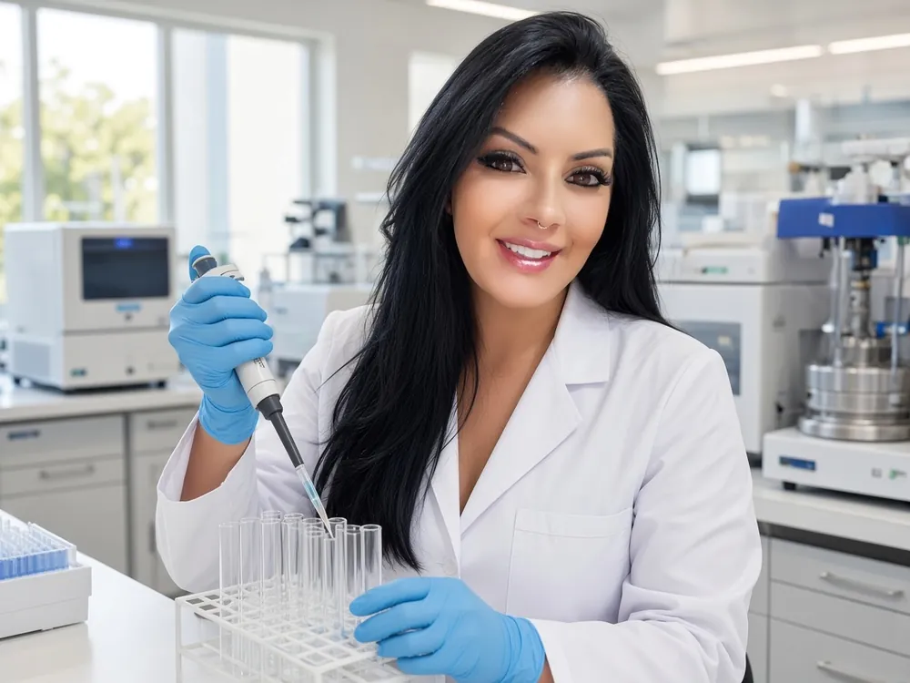 Luciana pipetando amostras na bancada do laboratório