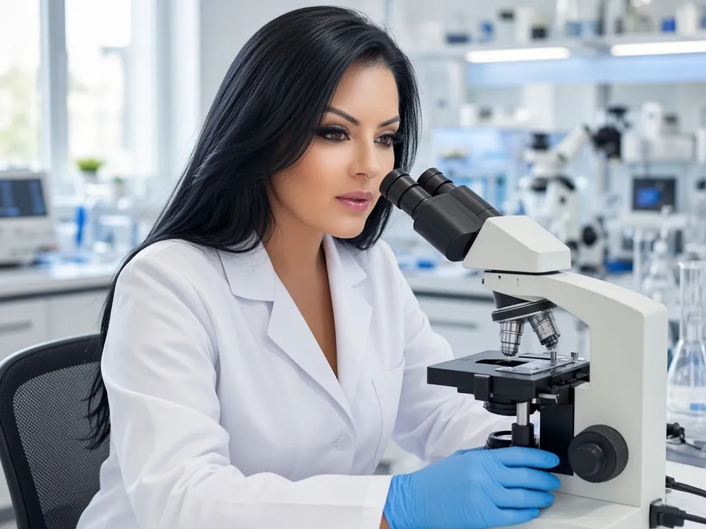 Luciana ao microscópio, em um laboratório claro