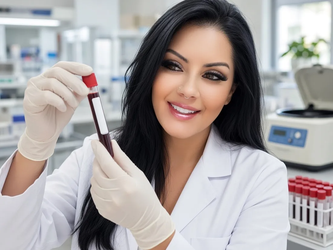 Luciana, de jaleco e luvas, segurando um tubo de coleta de sangue